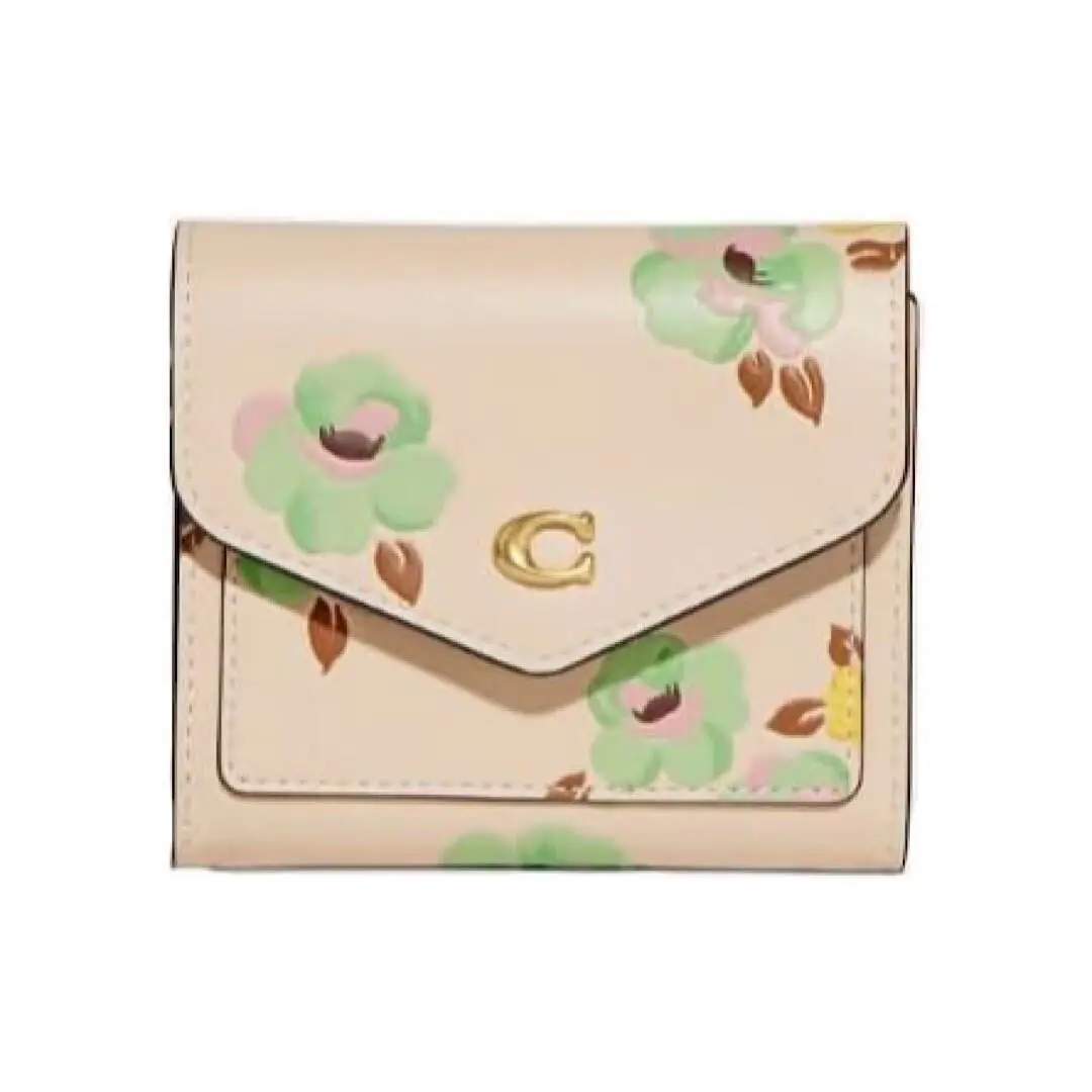 Wyn Small Wallet Floral Print Calf Leather Card Case Brass Ivory by Coach