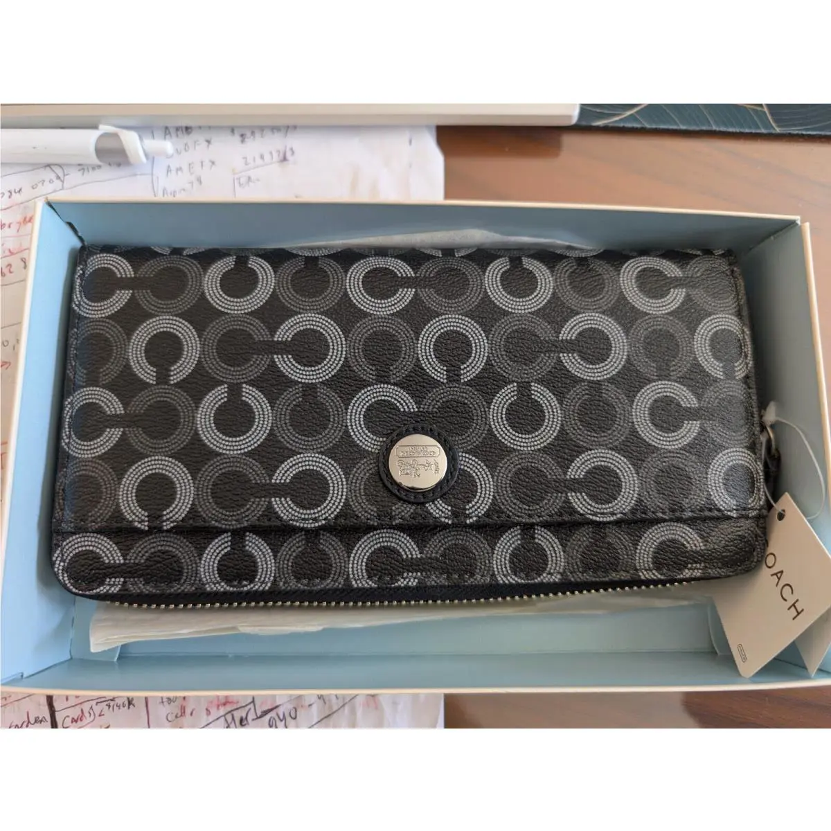 Coach Womens Tri Fold Zip Around Wallet Black Nos