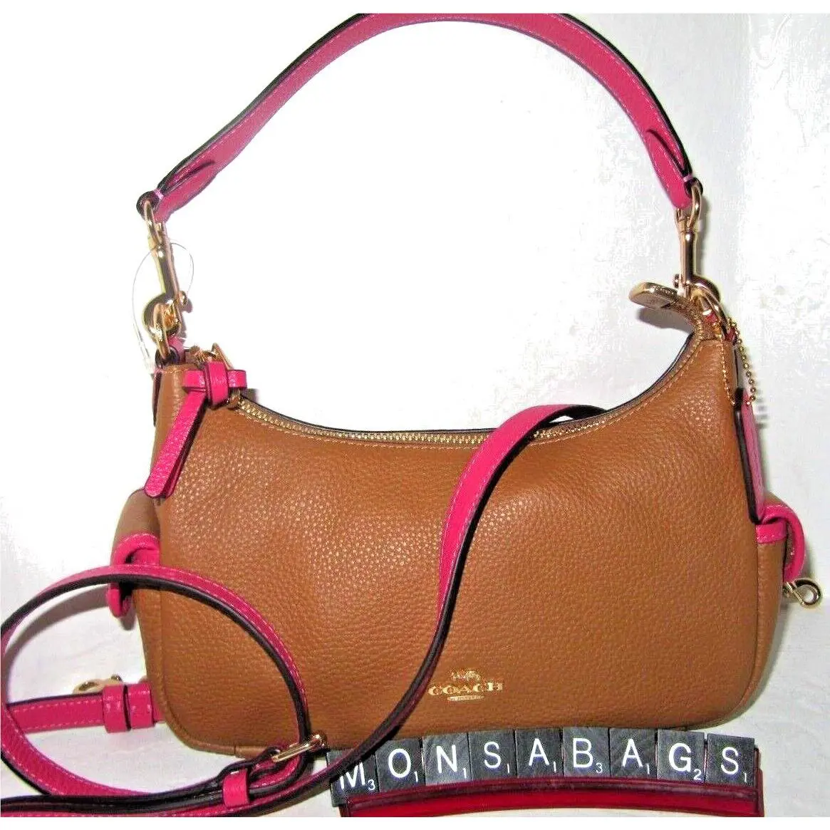 Coach C8156 Penny 25 Bold Pink Trim Pebbled Leather Shoulder Bag