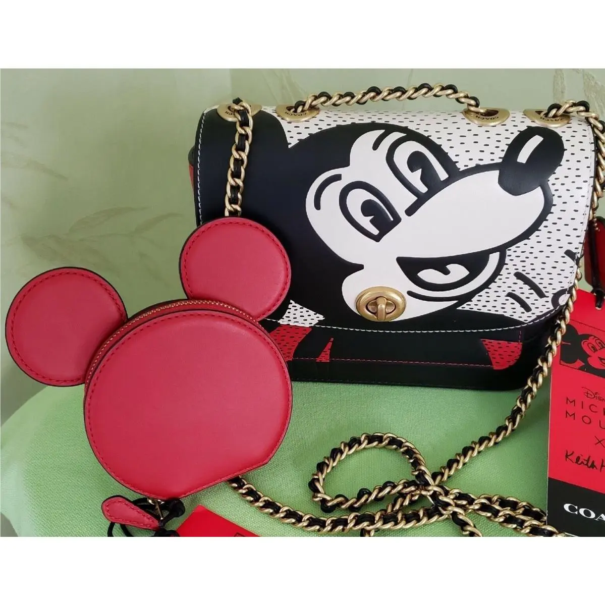 Coach Disney Haring Mickey Mouse Madison Shoulder Bag 19 + Coin Case Set :nwt