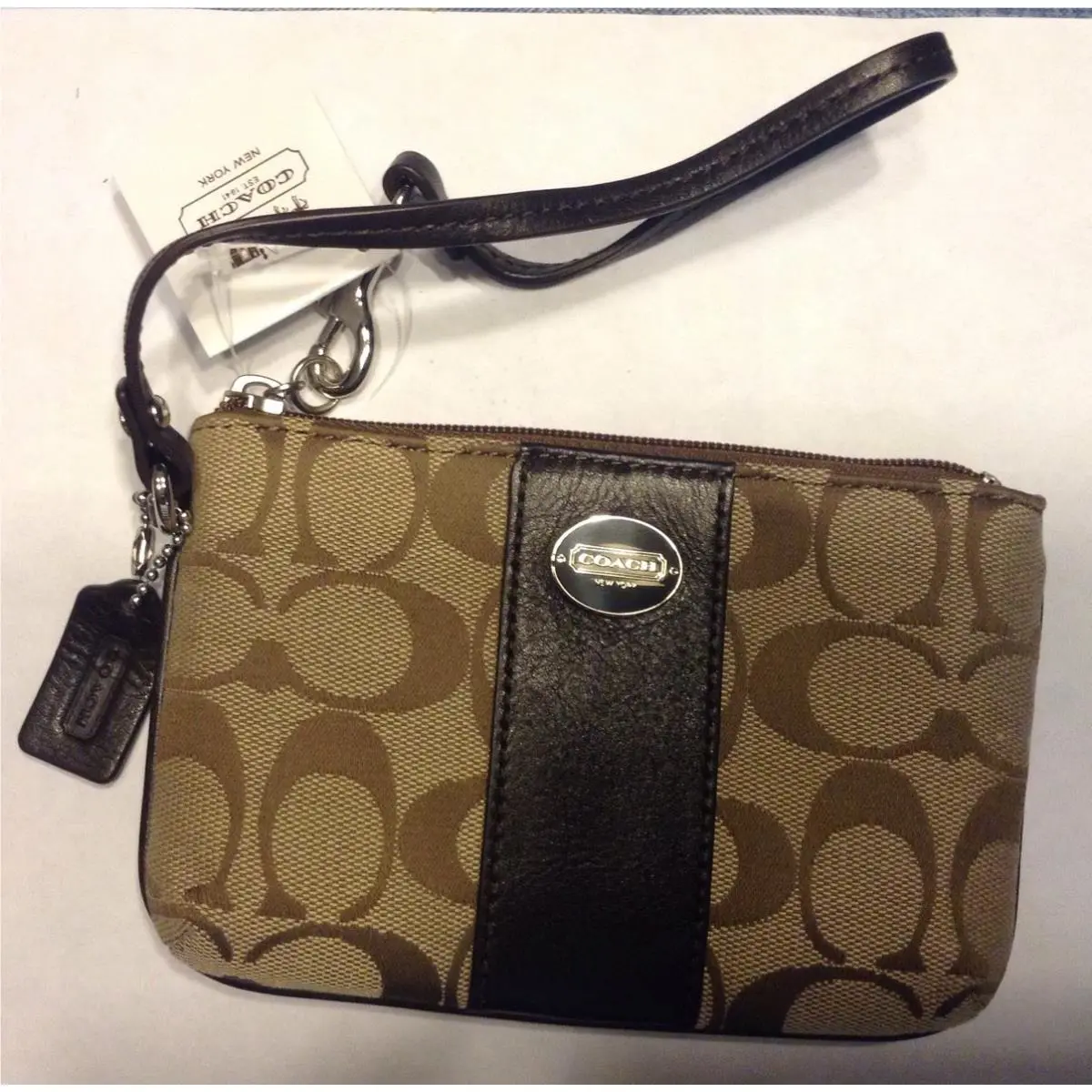 Coach Signature C Fabric W Leather Trim Small Wristlet Silver/khaki/mahogany