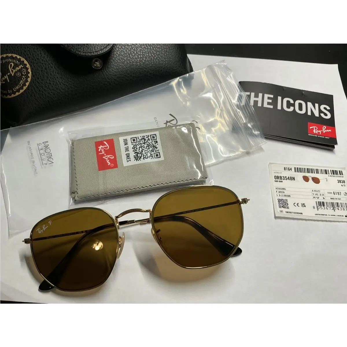 Ray Ban Hexagonal Medium Polarized 3548N 001 - 57 Gold Brown