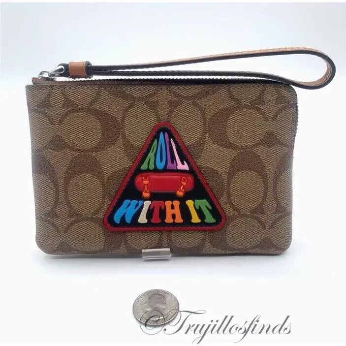 Coach Signature Roll with It Corner Zip Wristlet Khaki Multi CK359