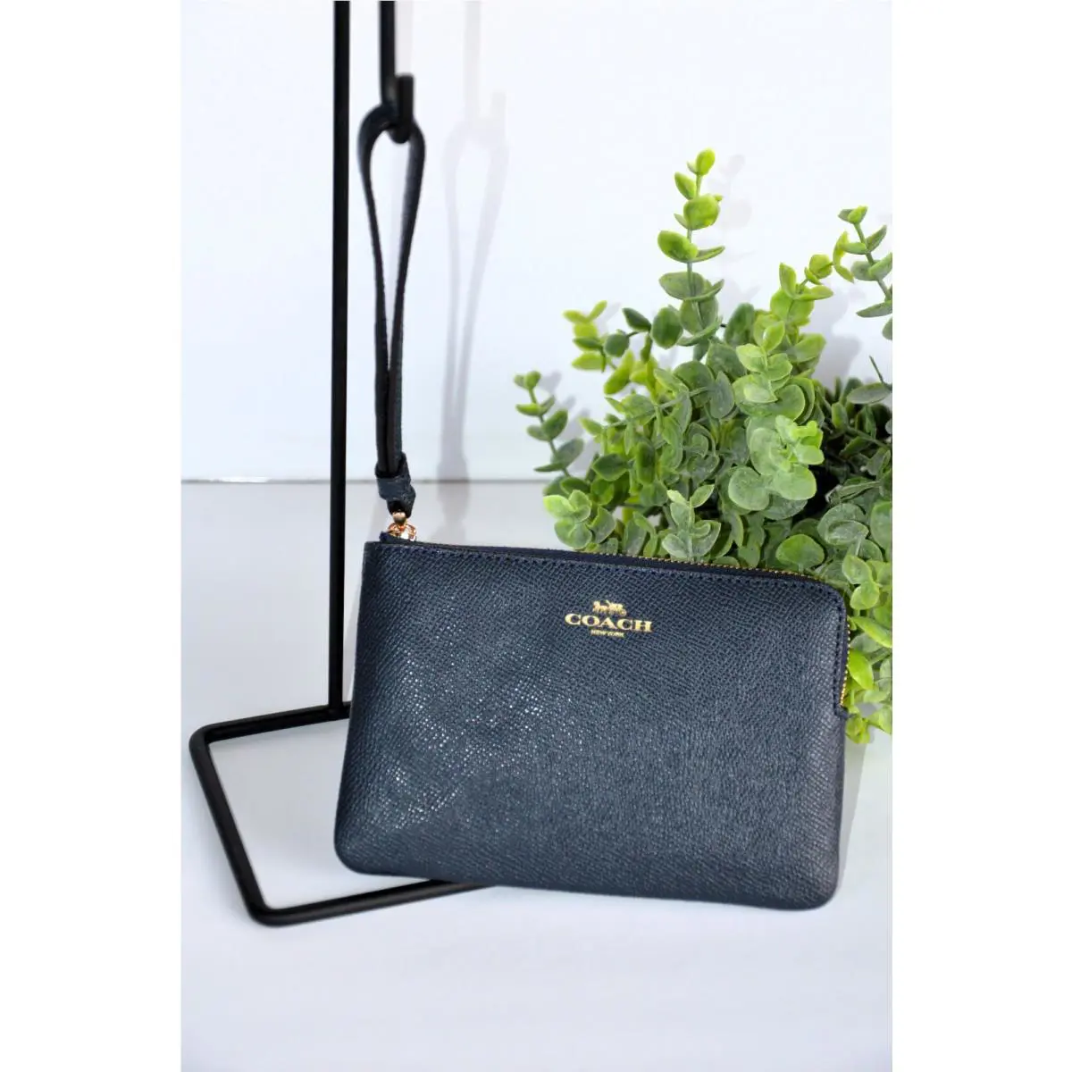 Coach Midnight Blue Cross Grain Leather Corner Zip Wristlet Wallet F58032