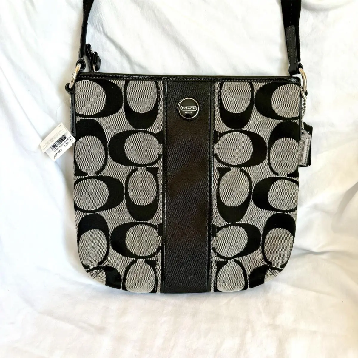 Coach Women`s F21905 Signature Handbag Purse Black Stripe Duffle Crossbody
