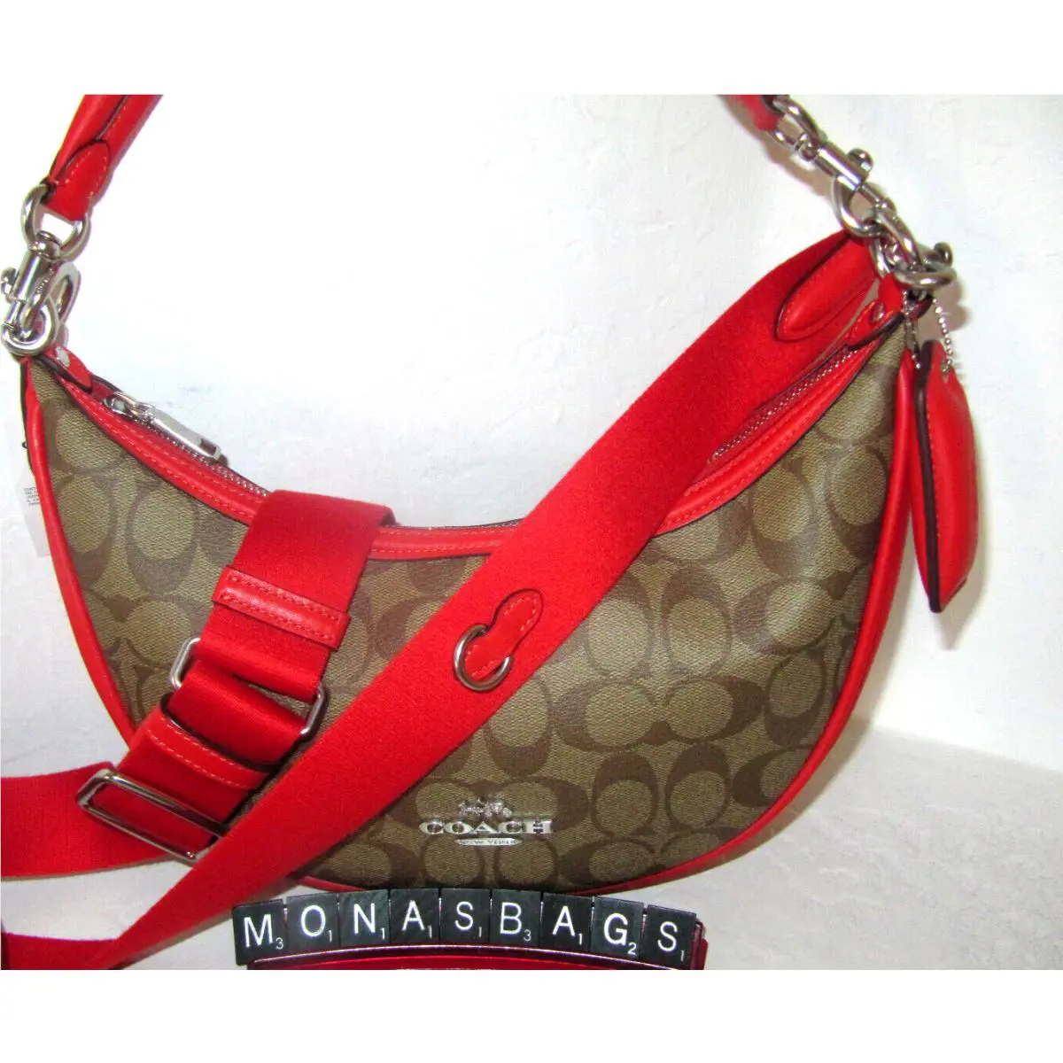 CR283 Aria Shoulder Bag Crossbody Khaki Signature Miami Red Leather by Coach