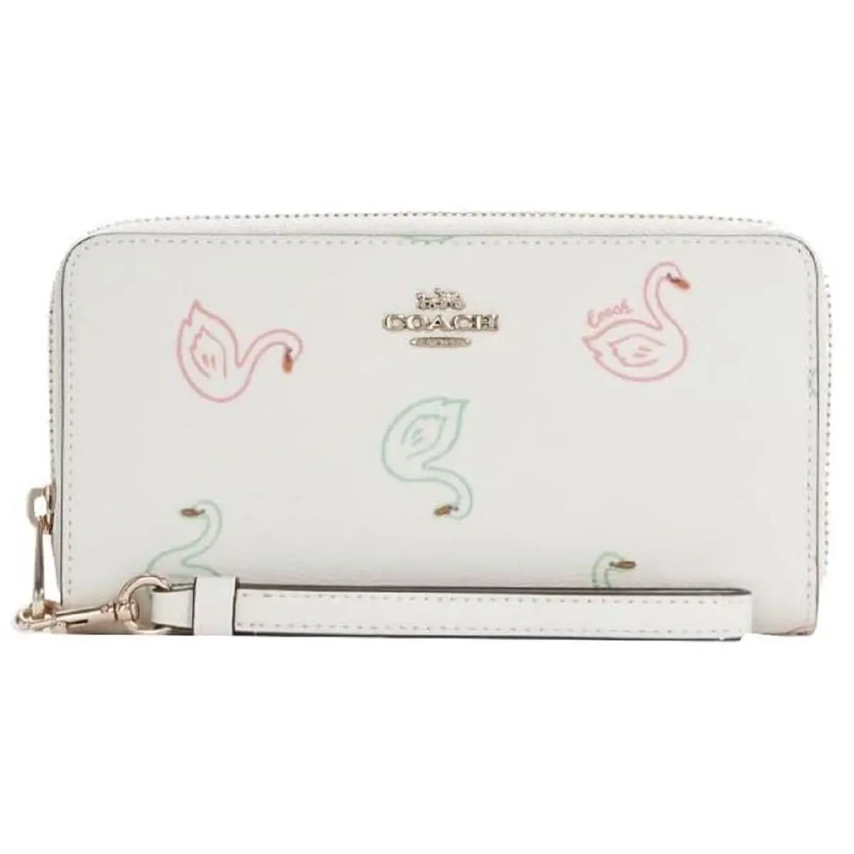 Coach Canvas Leather Zip Around Wallet with Swan Print Chalk Multi C8384 - Chalk Multi