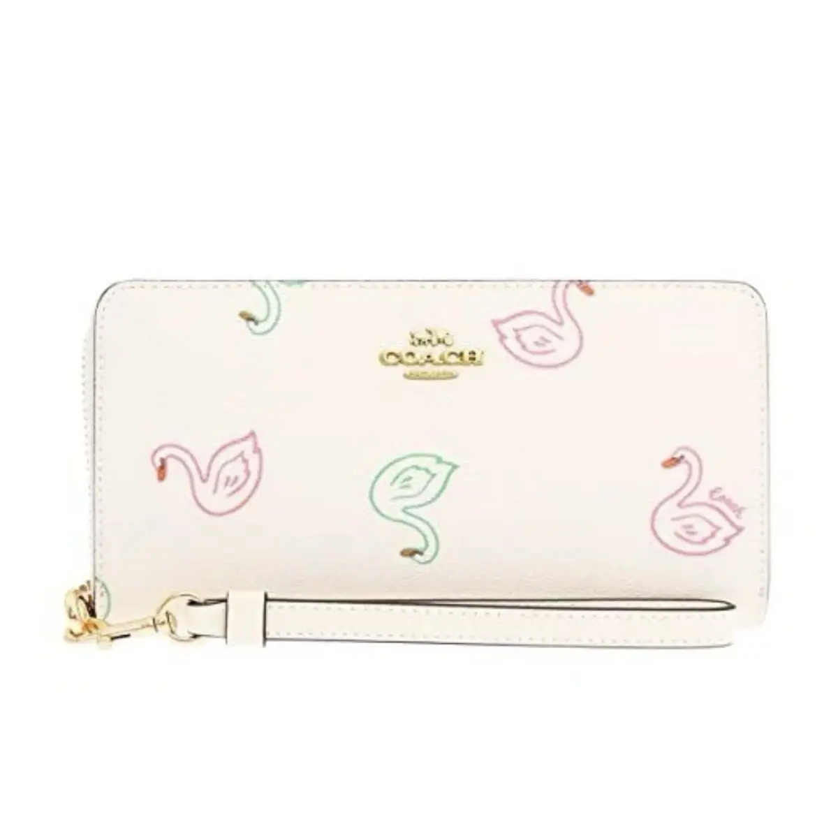 Coach Crossgrain Leather Swan Print Long Accordion Zip Wallet Wristlet Chalk - Handle/Strap: Chalk, Hardware: Gold, Exterior: Chalk