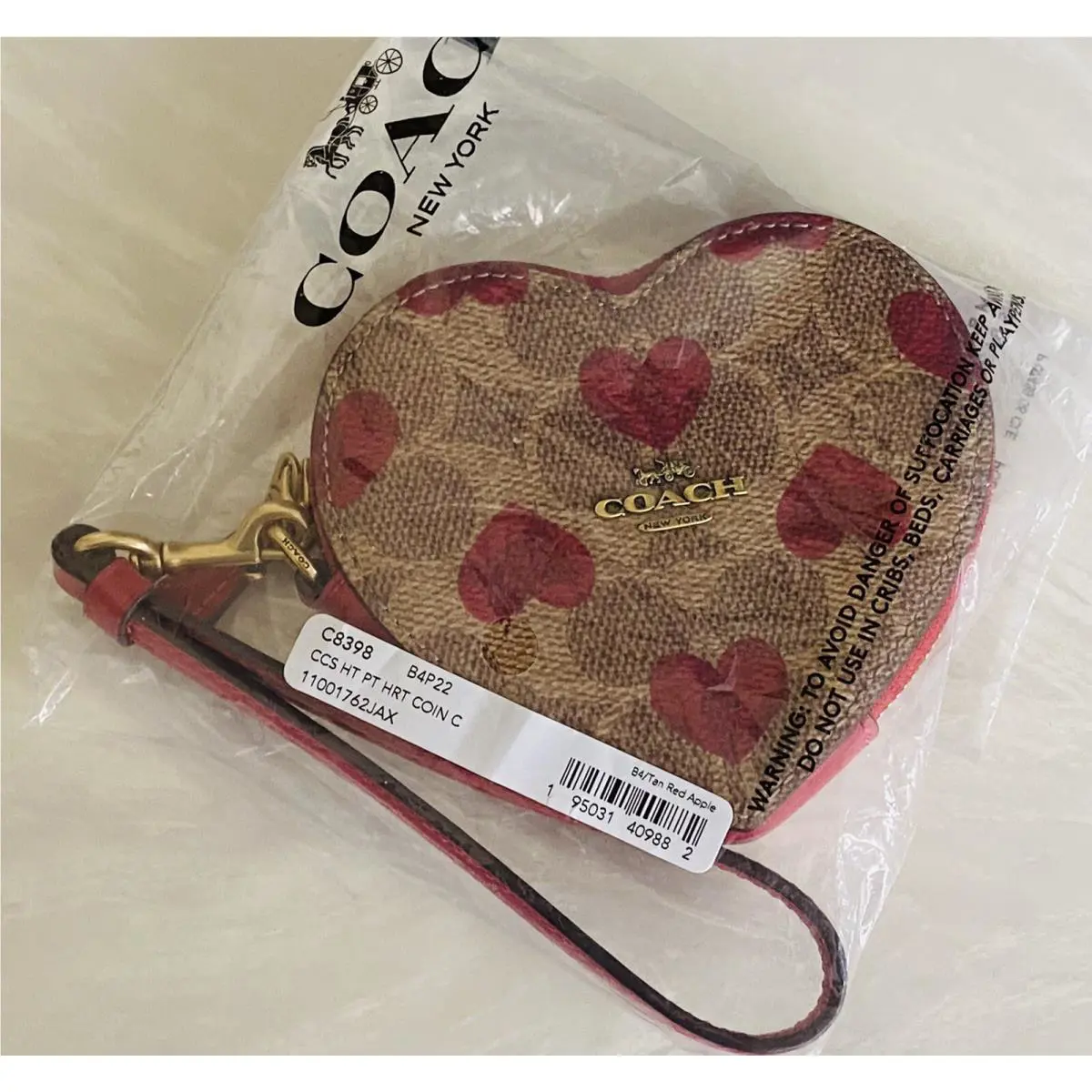 Signature Tan / Red Apple Heart Coin Case Wristlet C8398 by Coach