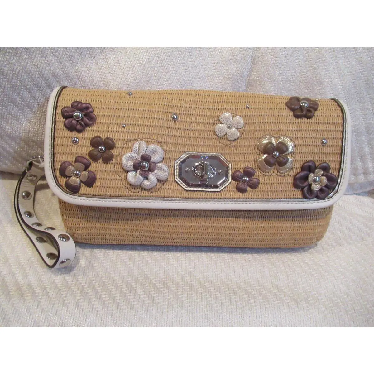 Natalie Floral Straw Clutch/wristlet/ White/cream/brown $228-44972 by Coach