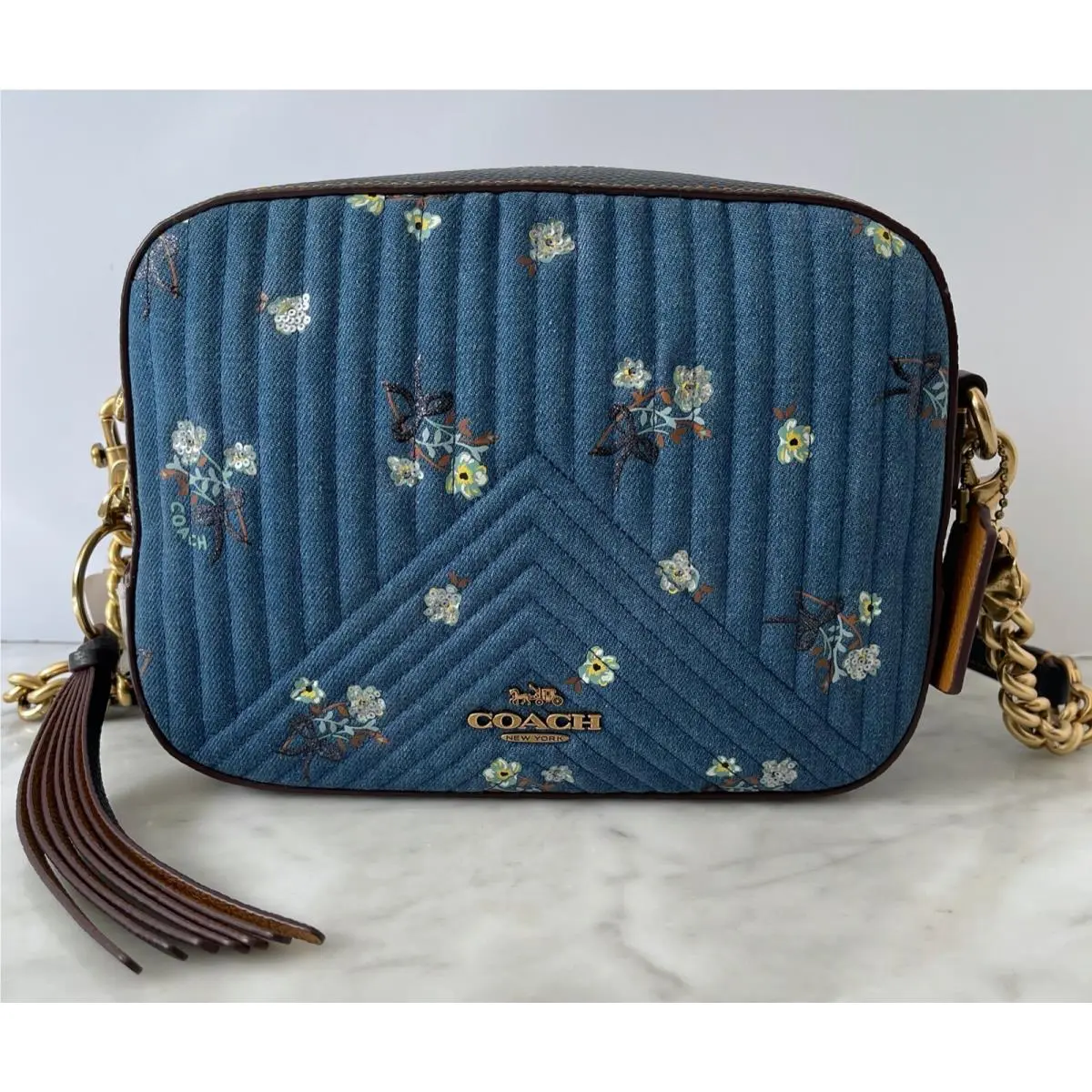 Coach Denim Floral Bow Camera Bag Crossbody