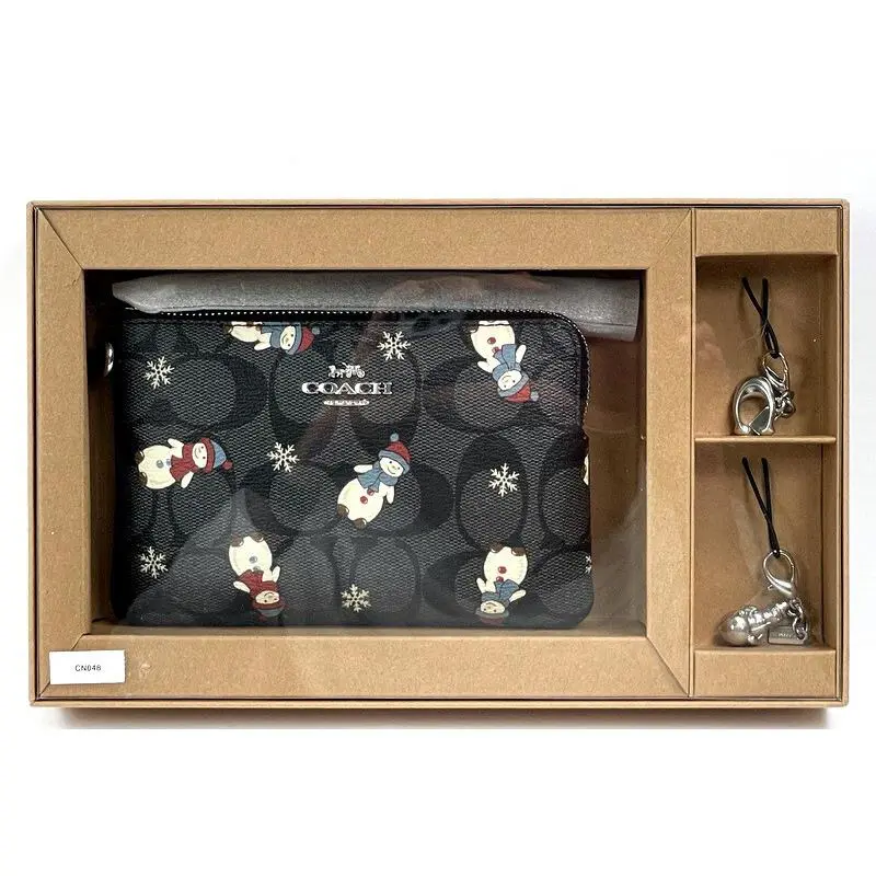 Boxed Set Signature Corner Zip Wristlet Snowman Print + 2 Charms by Coach