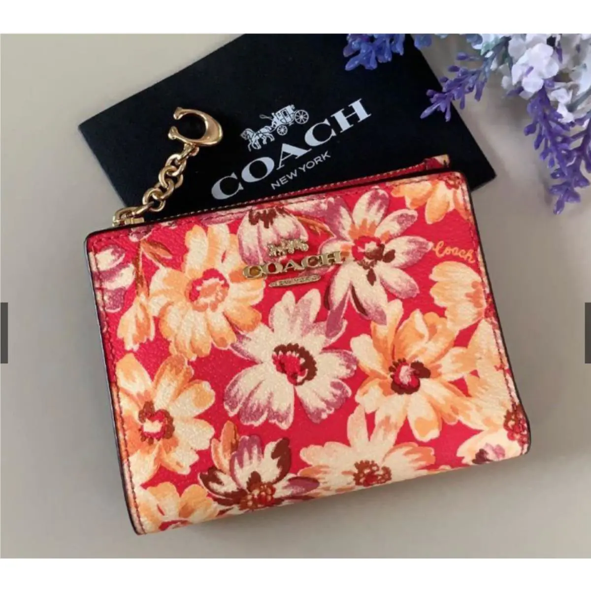 Coach Snap Card Case with Vintage Daisy Script Print 3595