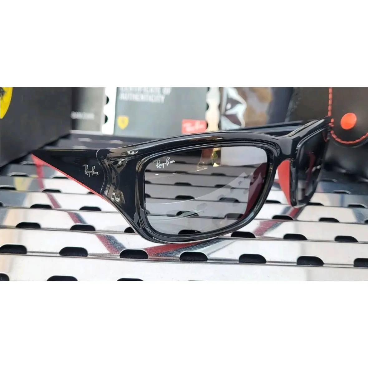 Ray Ban RB4405M Ferrari Sunglasses Gloss Black w/ Grey Mirror Silver Gradnt