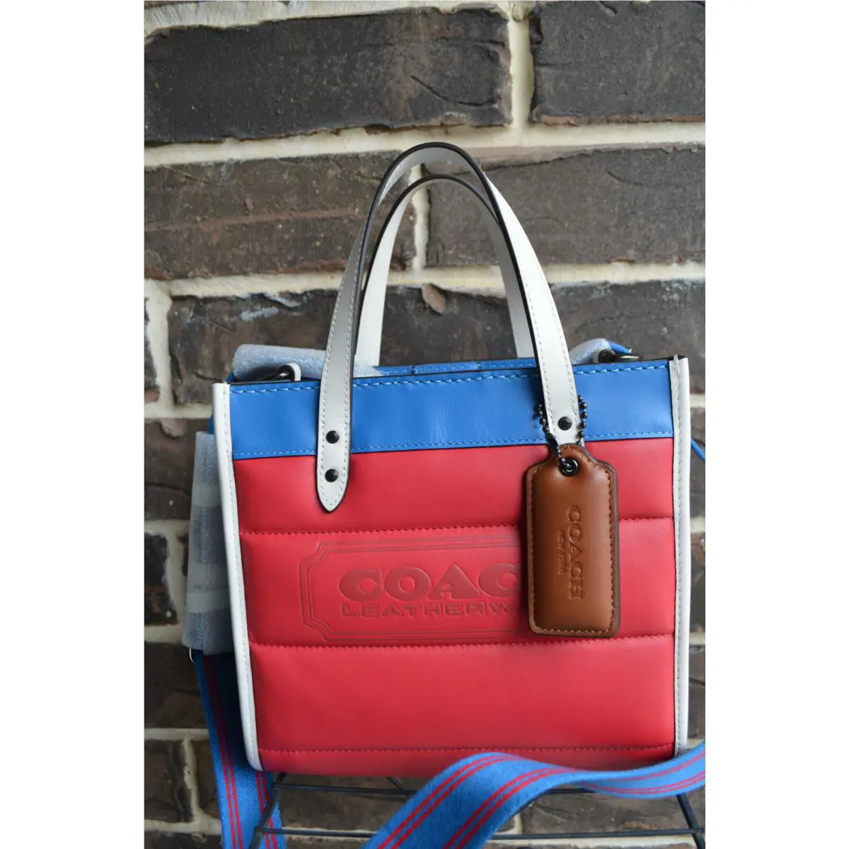 NWT$450 Coach Colorblock Leather Logo Field Tote 22 Candy Apple Multi Blue White
