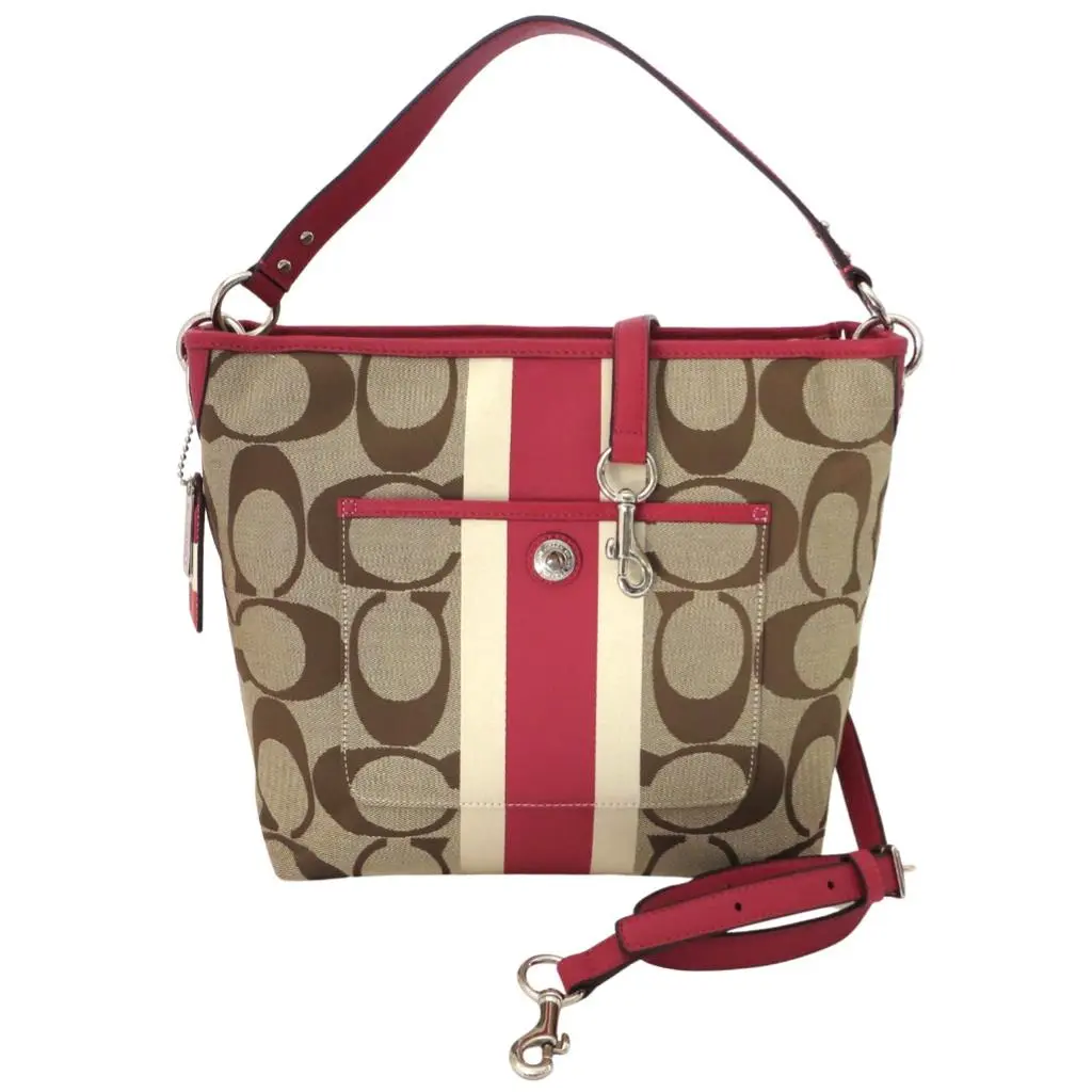 Coach Signature Hamptons Weekend Khaki Pink Signature Stripe Tote Purse