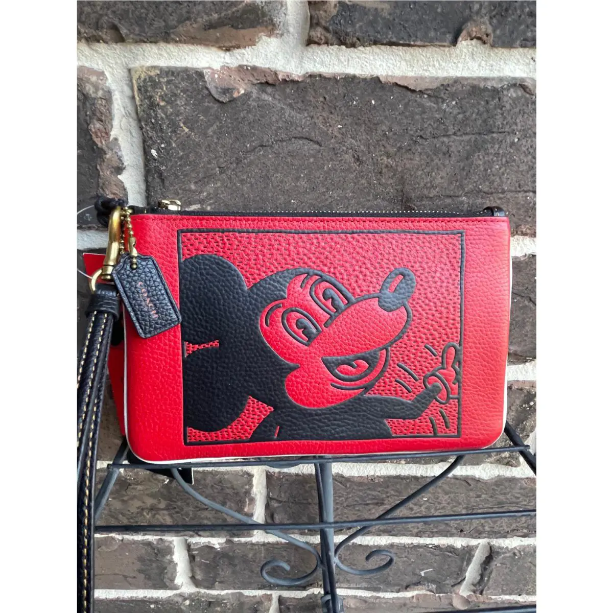 Disney X Coach Small Wristlet Mickey Motif Keith Haring Red Pebble Leather