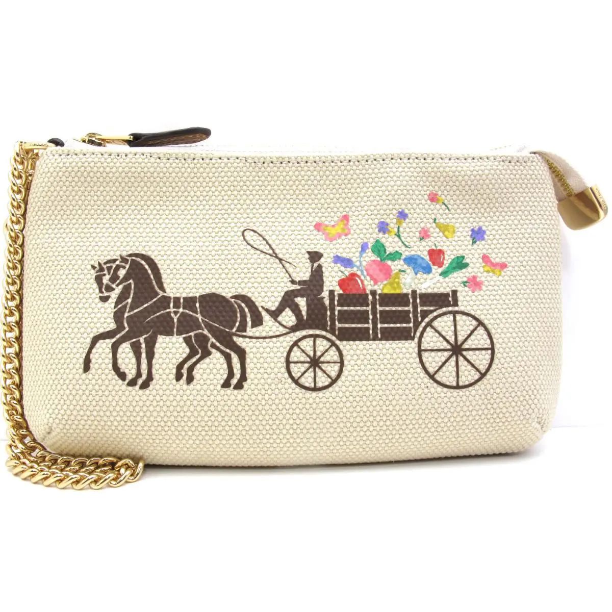 Coach Large Canvas/wristlet Dreamy Veggies Horse Wagon Clutch Natural C8725