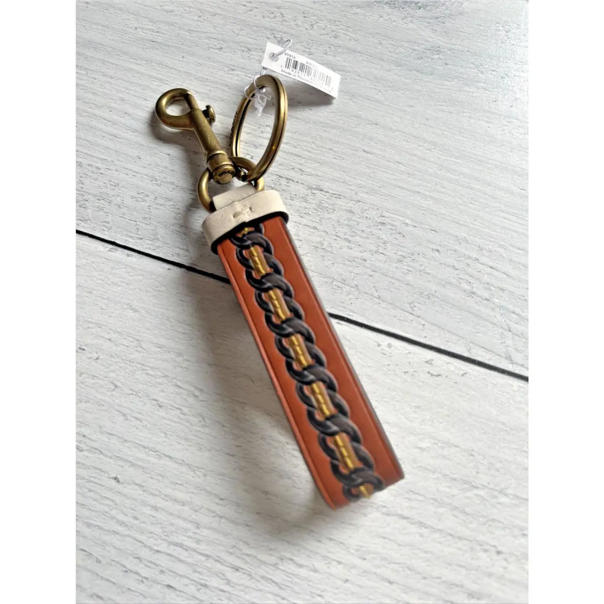 Varsity Stripe Loop Bag Charm Key Chain Brass Orange Chalk by Coach