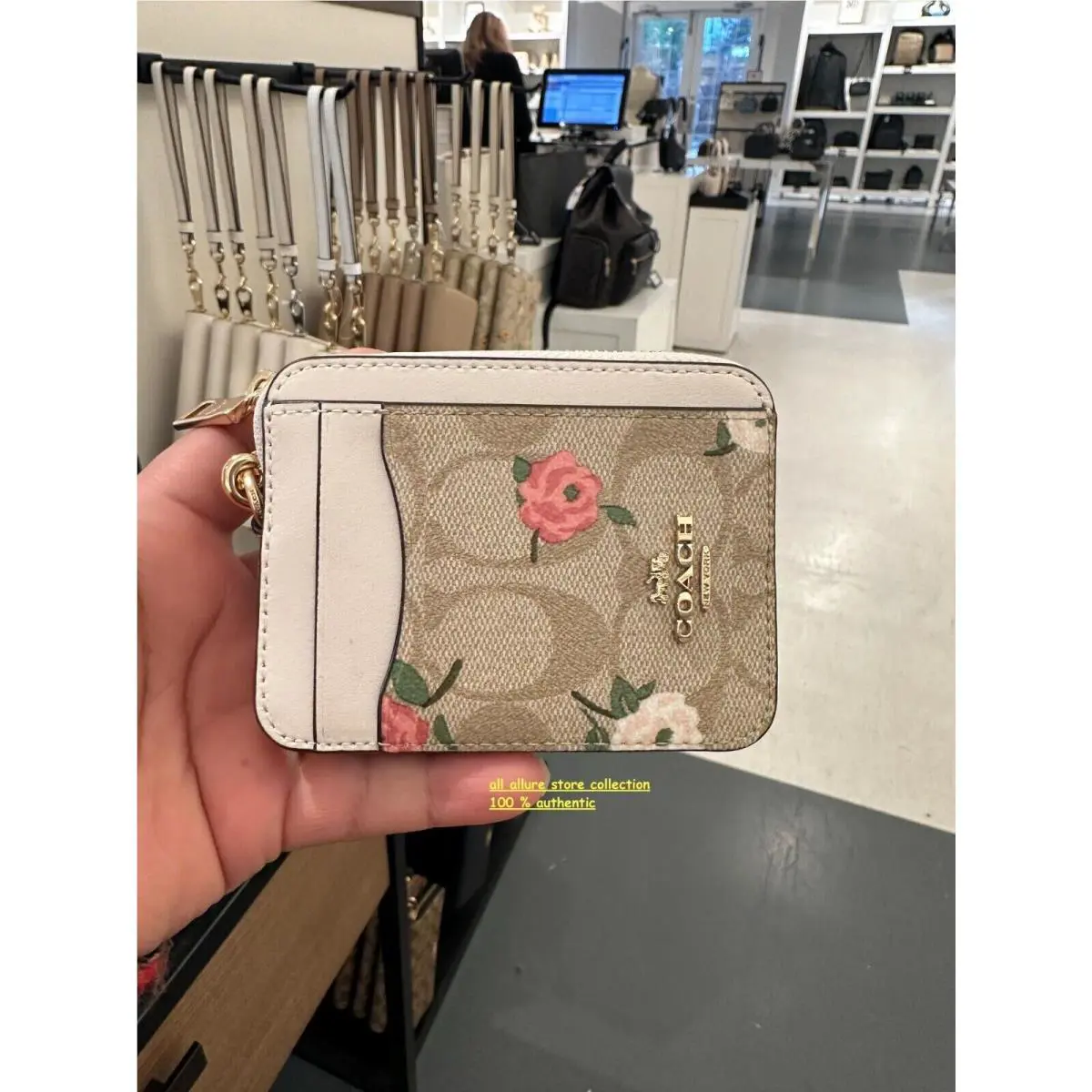 Coach Zip Card Case In Signature Canvas with Floral Print CR971 Light Khaki