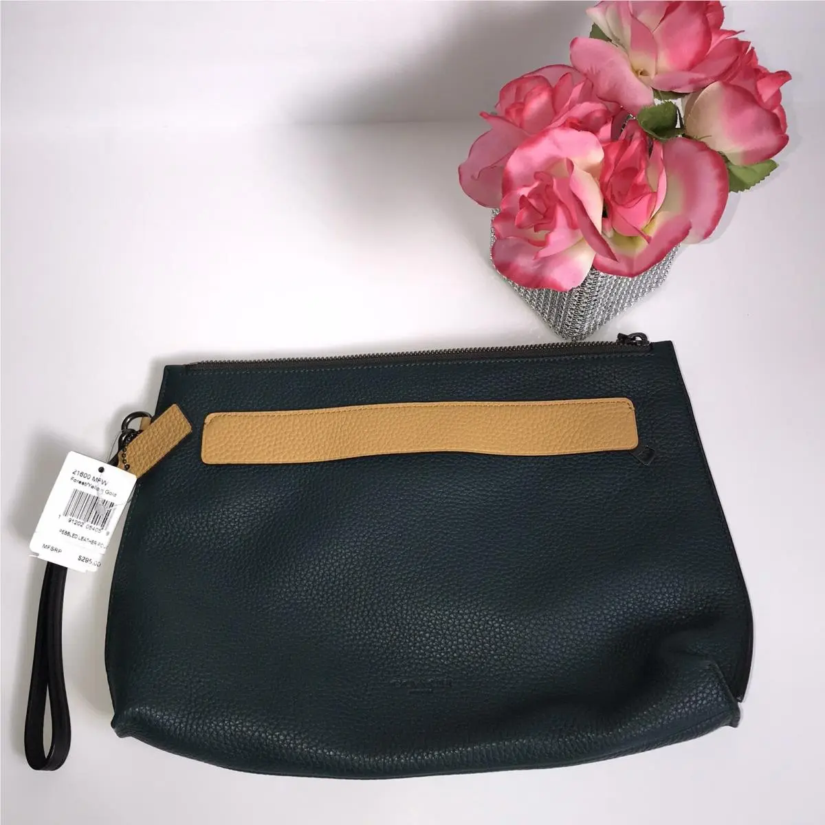 Pebbled Leather Pouch in Color Fores/yellow Gold 21600 Mfw by Coach