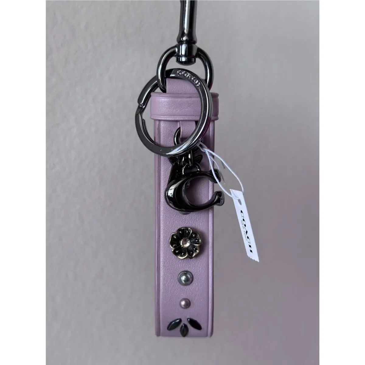 Coach Lilac Purple Leather Rivet Loop Tea Rose Bag Charm Key Ring Loop 30075