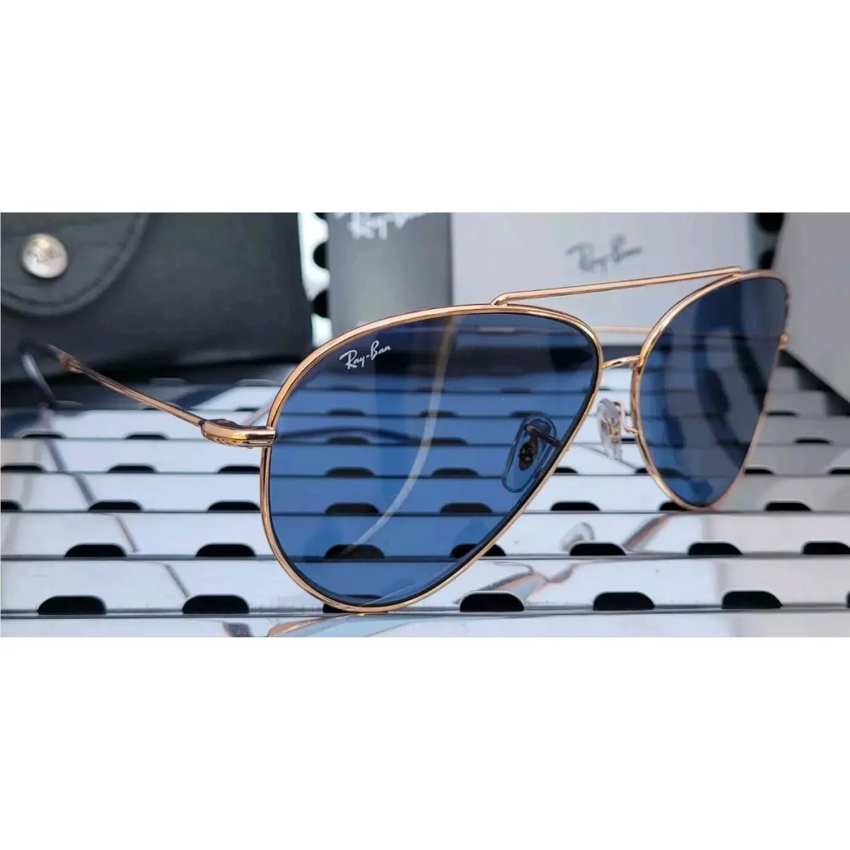 Ray Ban RBR0101S Aviator Reverse Sunglasses Rose Gold w/62mm Dark Blue