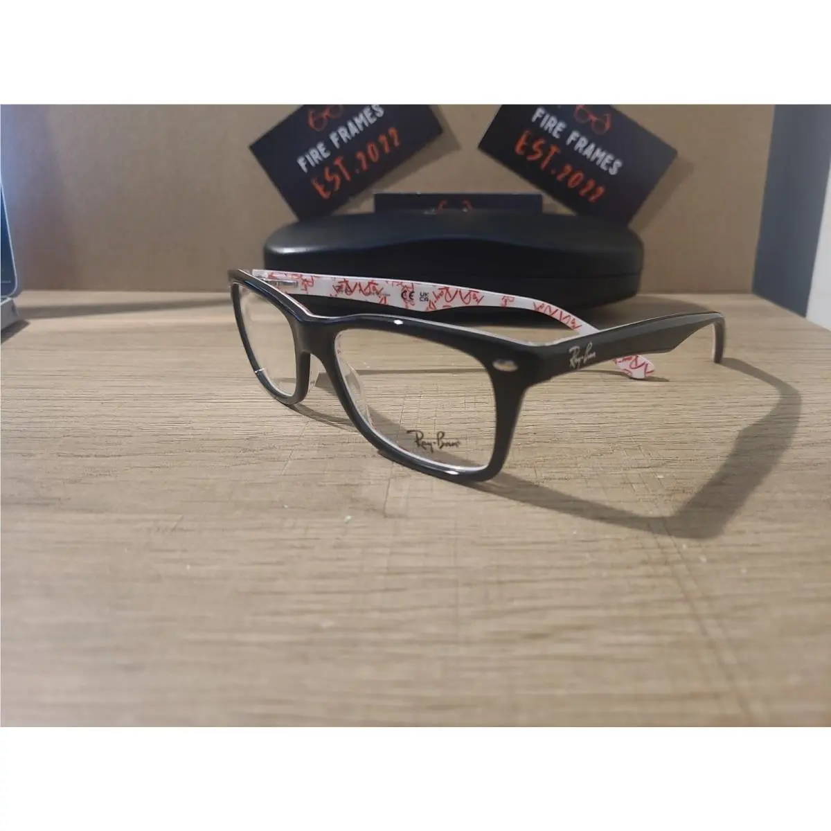 Ray-ban RB 5228 5014 Black w. White and Red Inside Eyeglasses Frames 50-17-14