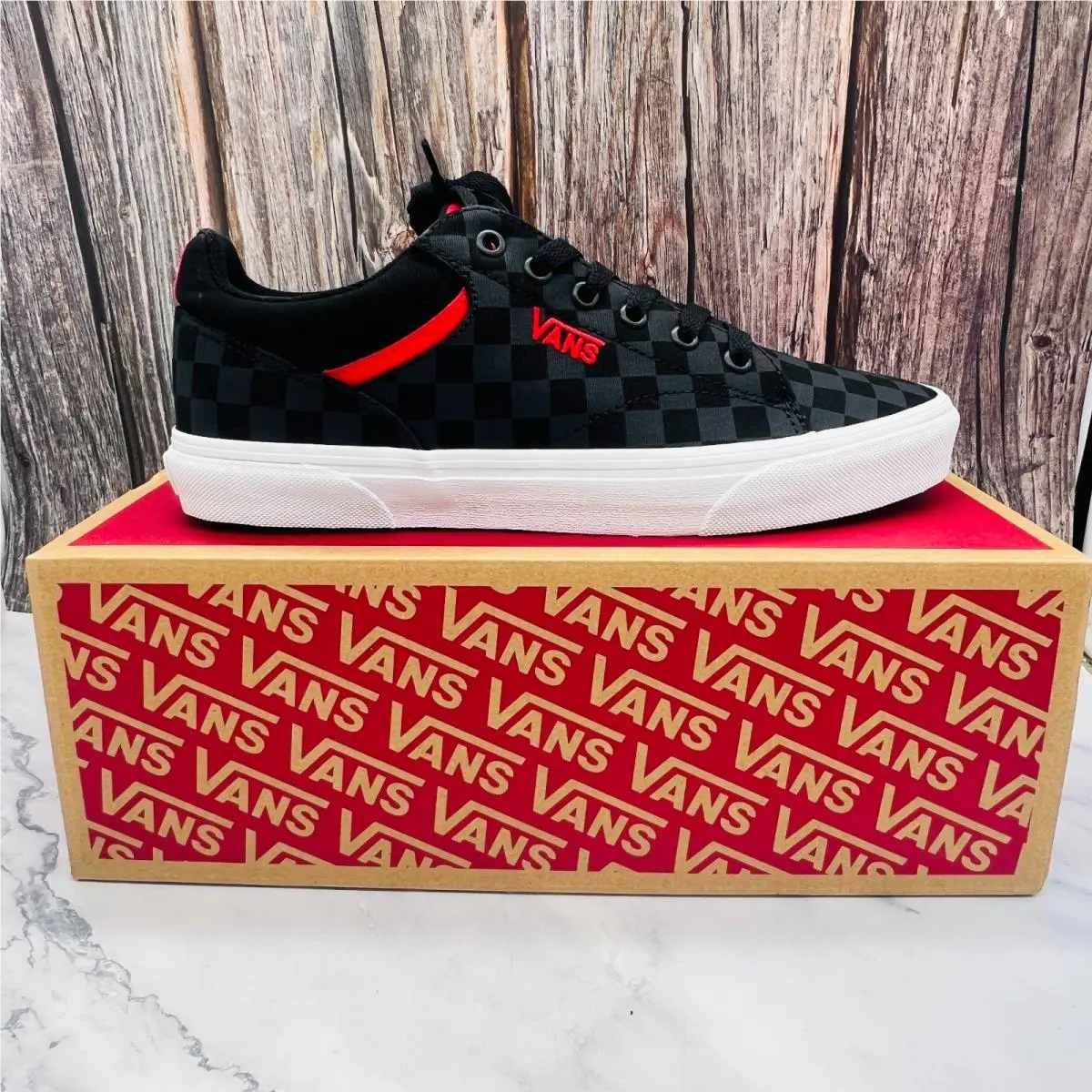 Vans Off The Wall Mens Seldan Checkerboard Shoes - Black Red Size 9.5