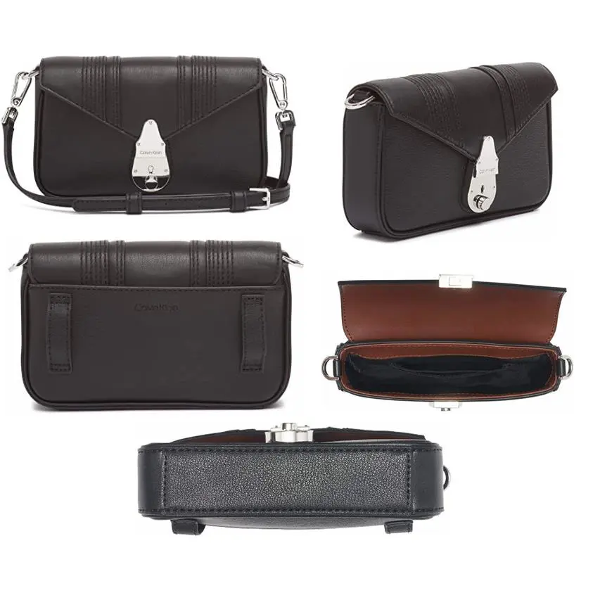 Calvin Klein Women`s Lock Linear Stitch Quilted Daytona Leather Crossbody Bag - Black