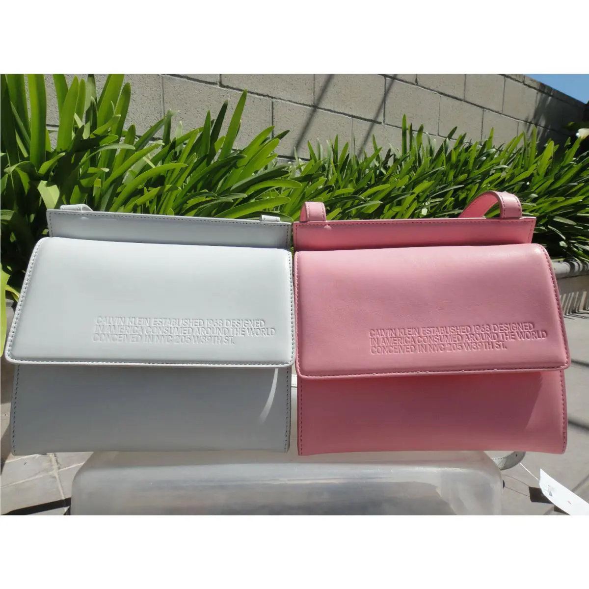 Calvin Klein 205W39NYC Foldover Leather Crossbody Bag Embossed Pink or Lt. Blue
