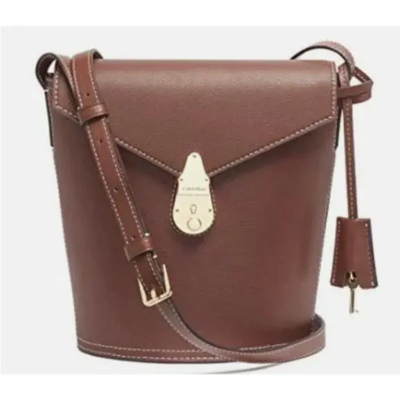 Calvin Klein Crossbody Bucket Bag Brown Leather Gold Logo Engraved Pushlock