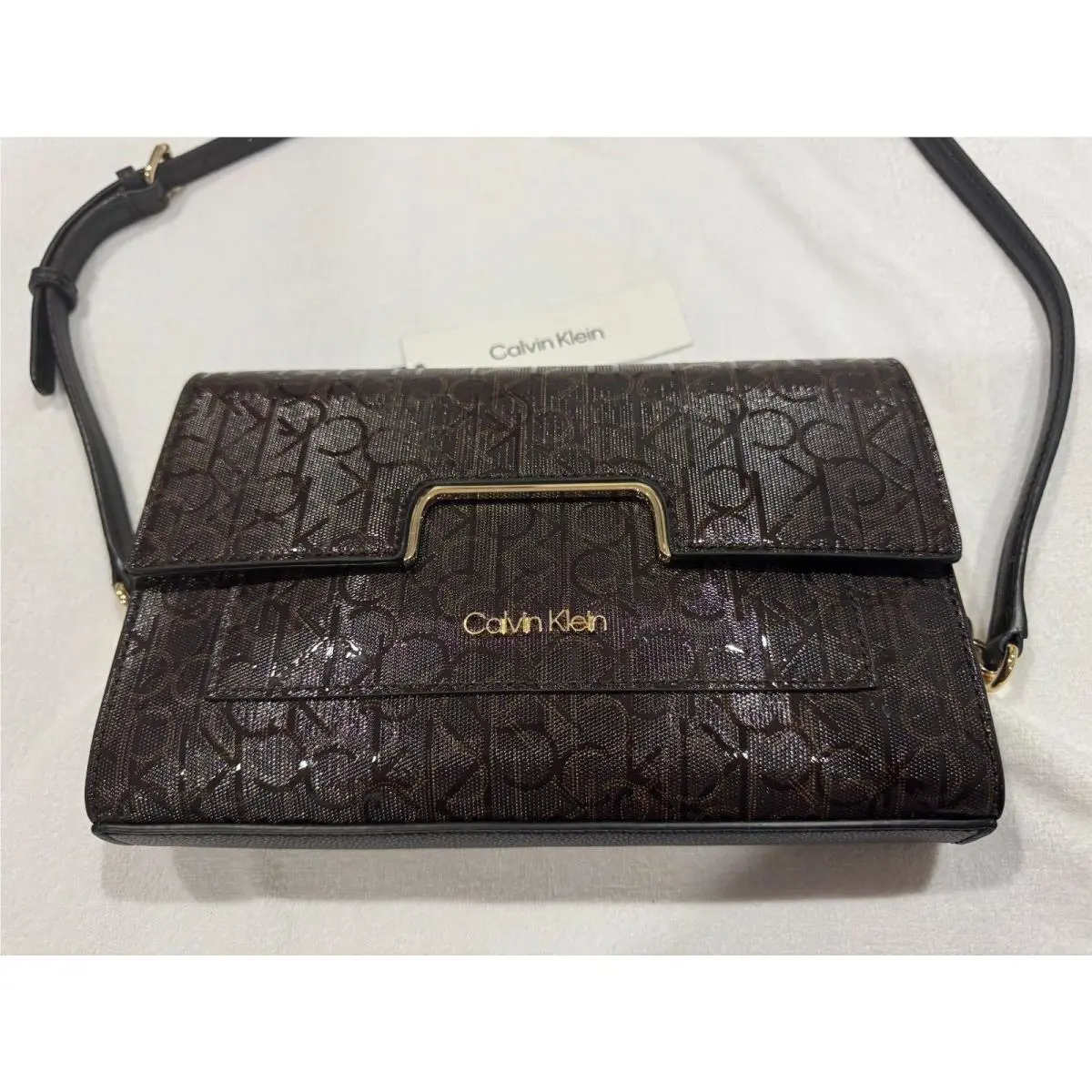 Calvin Klein Key Item Flap Signature Crossbody Bag Brown 10 Lx7 W