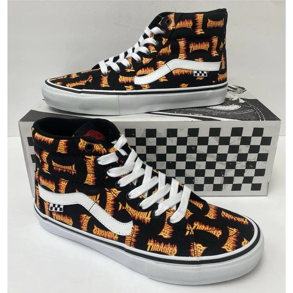 Vans M 9.5 Sk8 Hi Thrasher X Edition Black Orange Pop Cush Skate Shoes n Box