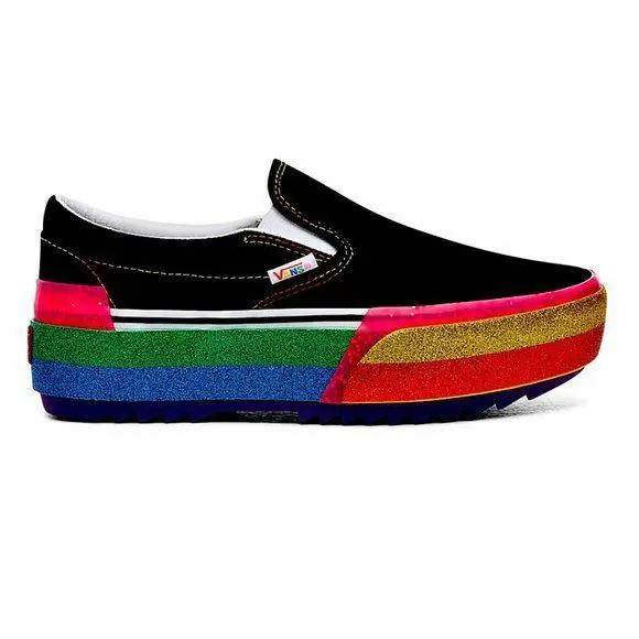 Vans Classic Slip-on S Platform Glitter Black Rainbow Wmn Sz 6.5 Retro