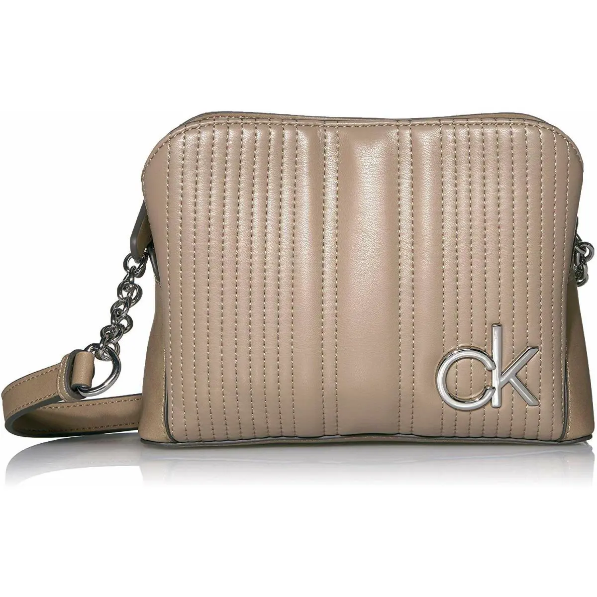 Calvin Klein Ck Logo Ribbed Small Crossbody Bag Leather Bag Taupe/silver