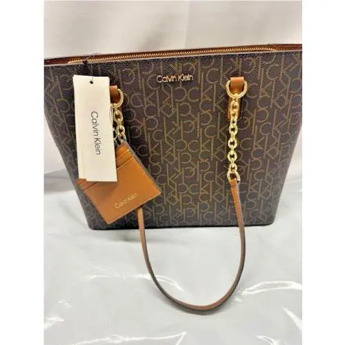 Calvin Klein Logo Signature 2 in 1 Tote Handbag Card Case-brown