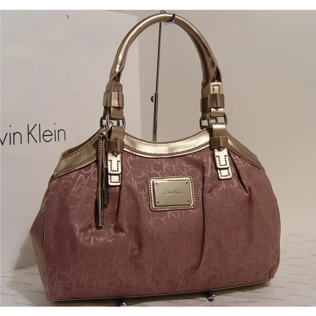 Calvin Klein Logo Jacquard Mauve Pink Metallic Gold Handbag Purse Satchel Bag