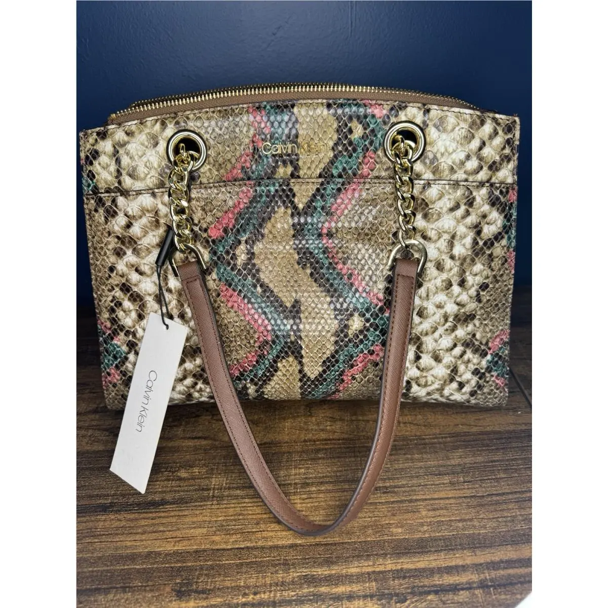 Calvin Klein Hayden Women`s Saffiano Leather Satchel Tote Python/ Snake Print