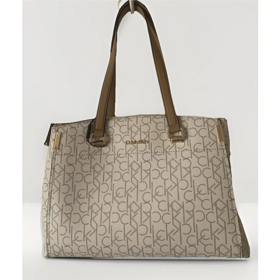 Calvin Klein Hayden Monogram Large Tote Bag in Beige Signature Rare Find