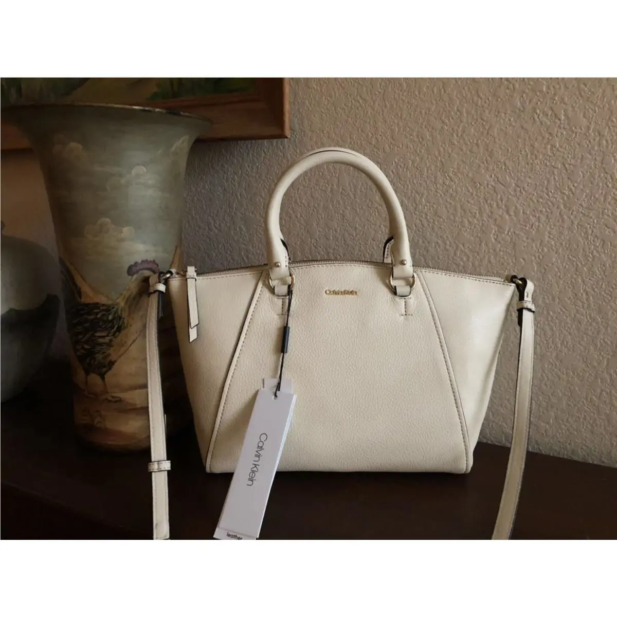 Calvin Klein Avery Pebble Leather Satchel Light Sand