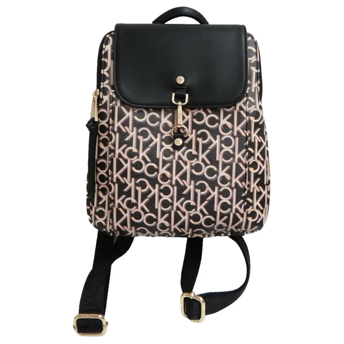 Calvin Klein CK Signature Backpack Bag Khaki Pvc Black Saffiano Leather Gold