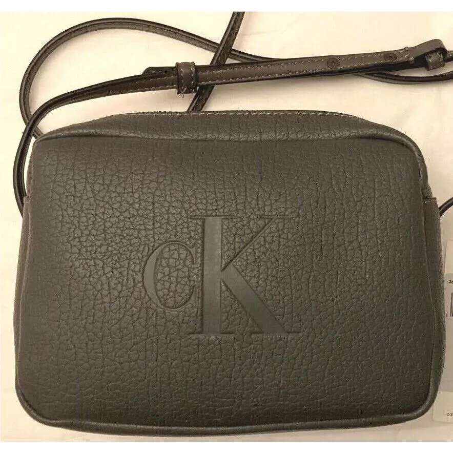 Calvin Klein Double Zip Logo Crossbody Bag Gray Leather Purse Gunmetal