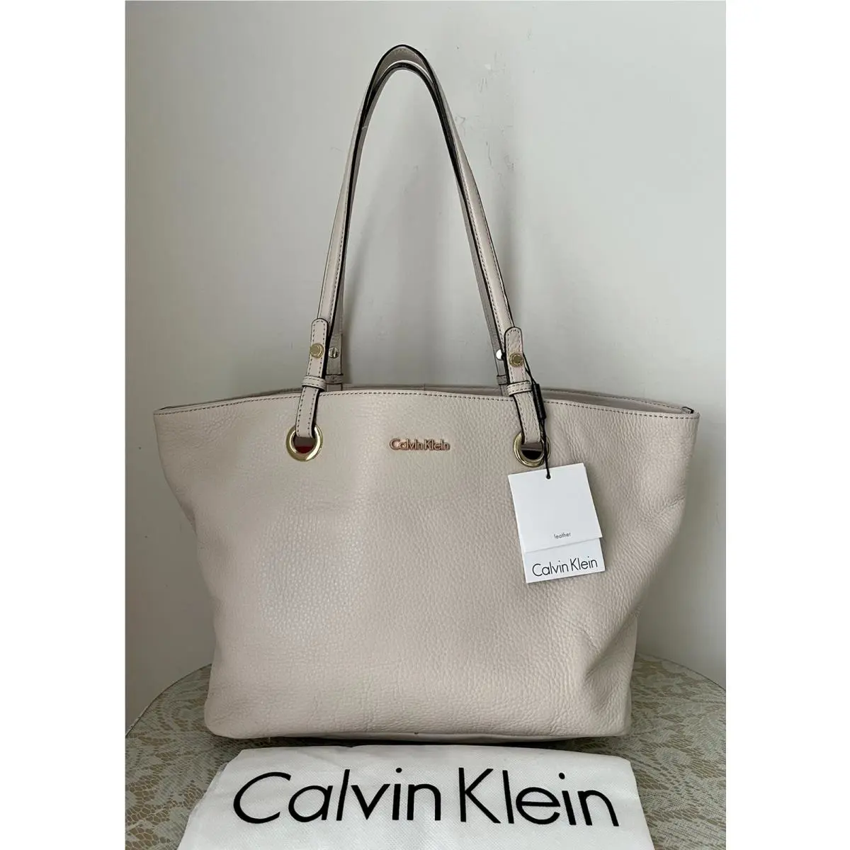 Calvin Klein Pebble Leather Purse Bag Satchel Tote Cement Ivory Convertible