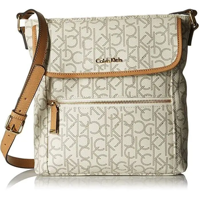 Calvin Klein Women`s Hudson Monogram Crossbody Almond/khaki/cashew Saffiano - Handle/Strap: Brown, Hardware: Gold, Exterior: Beige