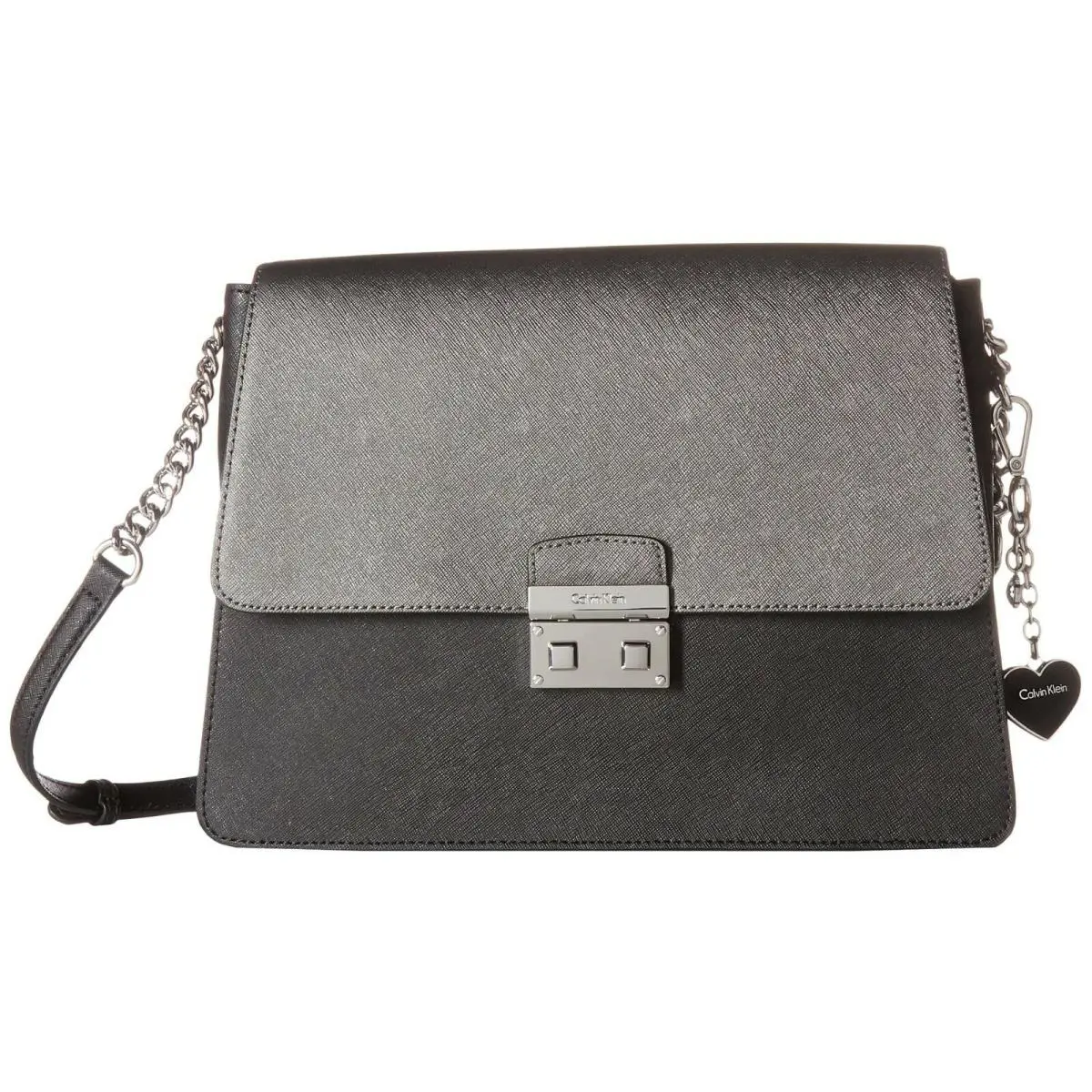 Calvin Klein Gifting Novelty Crossbody Black Gray Sparkle Saffiano Silver Charm - Exterior: Black / Gray / Silver