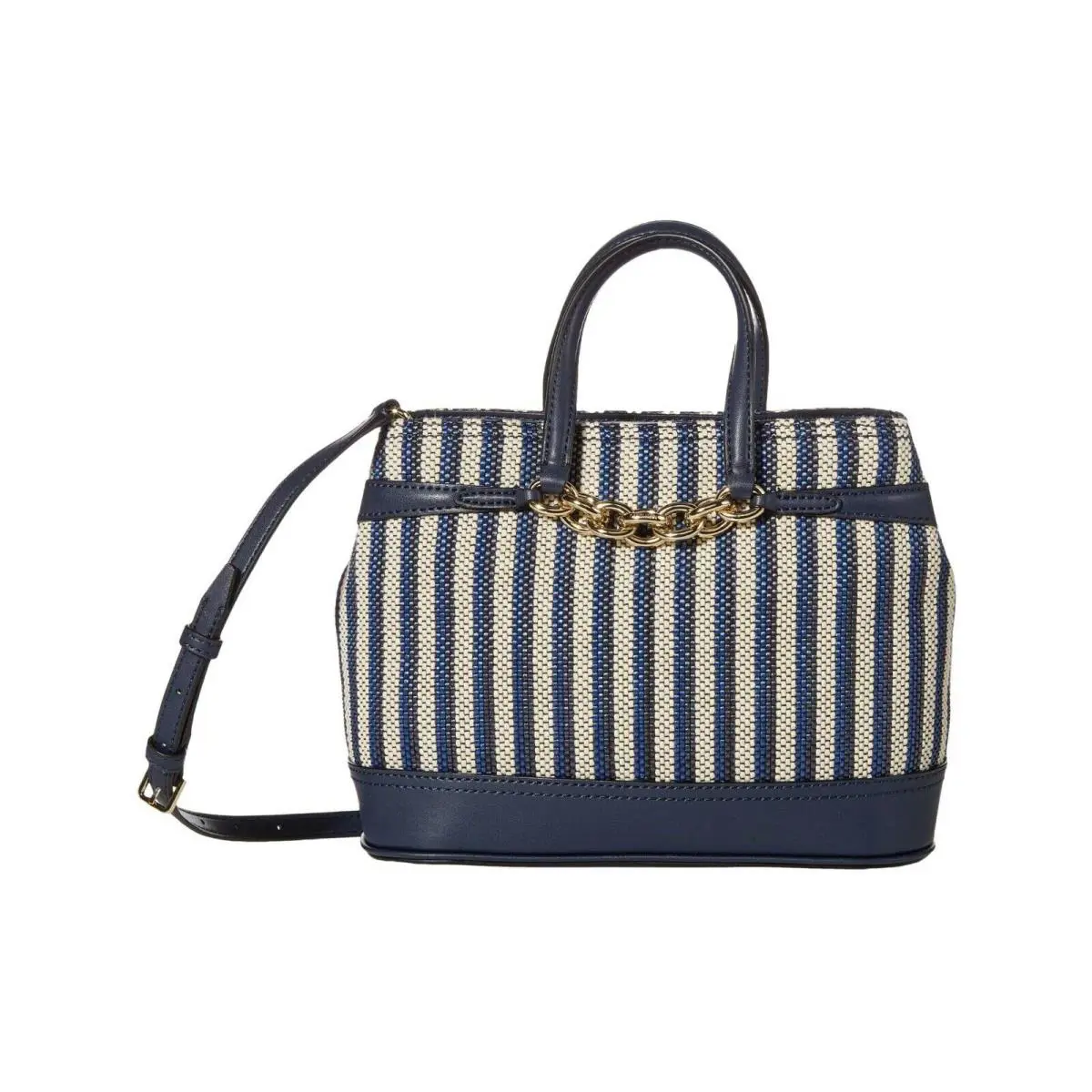 Calvin Klein Evelyn Daytona Mini Satchel Tote Bag Navy Blue Canvas Leather Gold - Exterior: Navy Blue / Gold