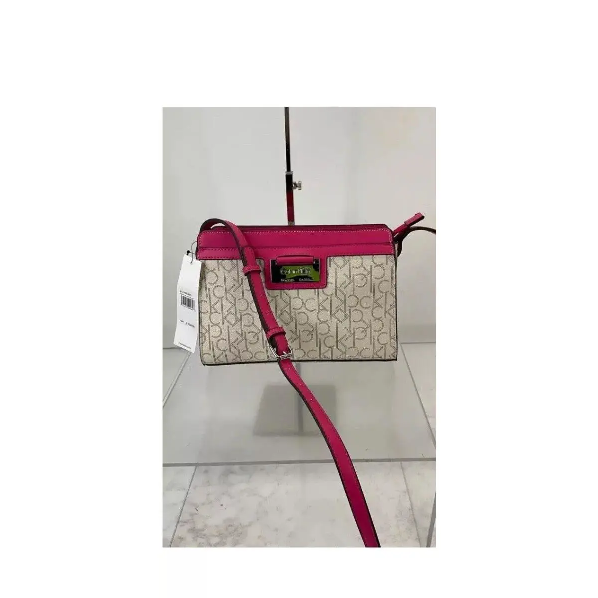 Calvin Klein Almond Fuchsia Signature Leather Shoulder Crossbody Handbag