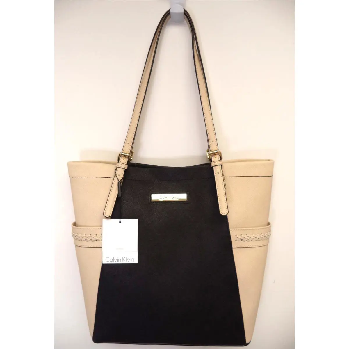 Calvin Klein Women`s Black Tan Saffiano Leather Tote Shoulder Bag H2RB1283