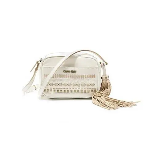 Calvin Klein White Embellished Saren Pebble Leather Crossbody Bag